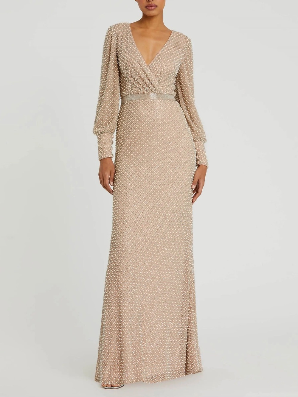 NWT MAC DUGGAL 10062 Wrap Over Bishop Sleeve Gown With Pearl Beading size 16